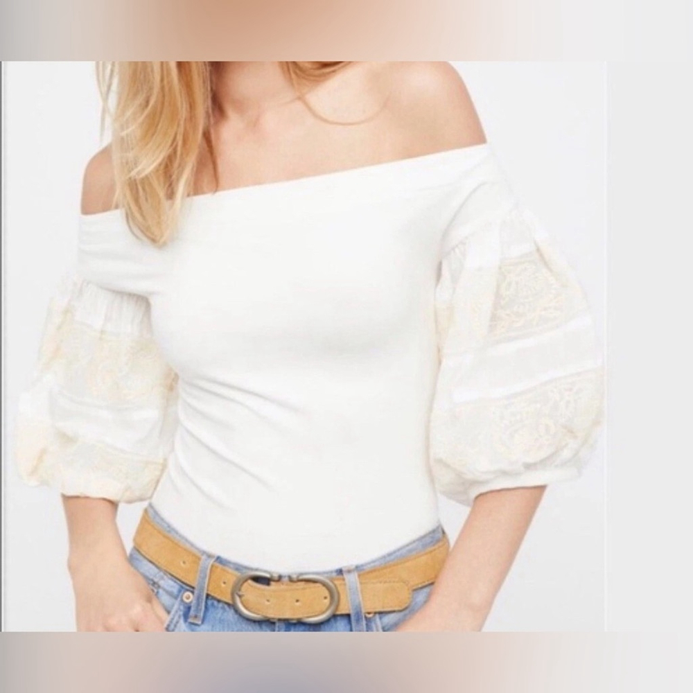 Free People Embroidered Knit Blouse Ivory.Off-Shoulder Top with puff Sleeves